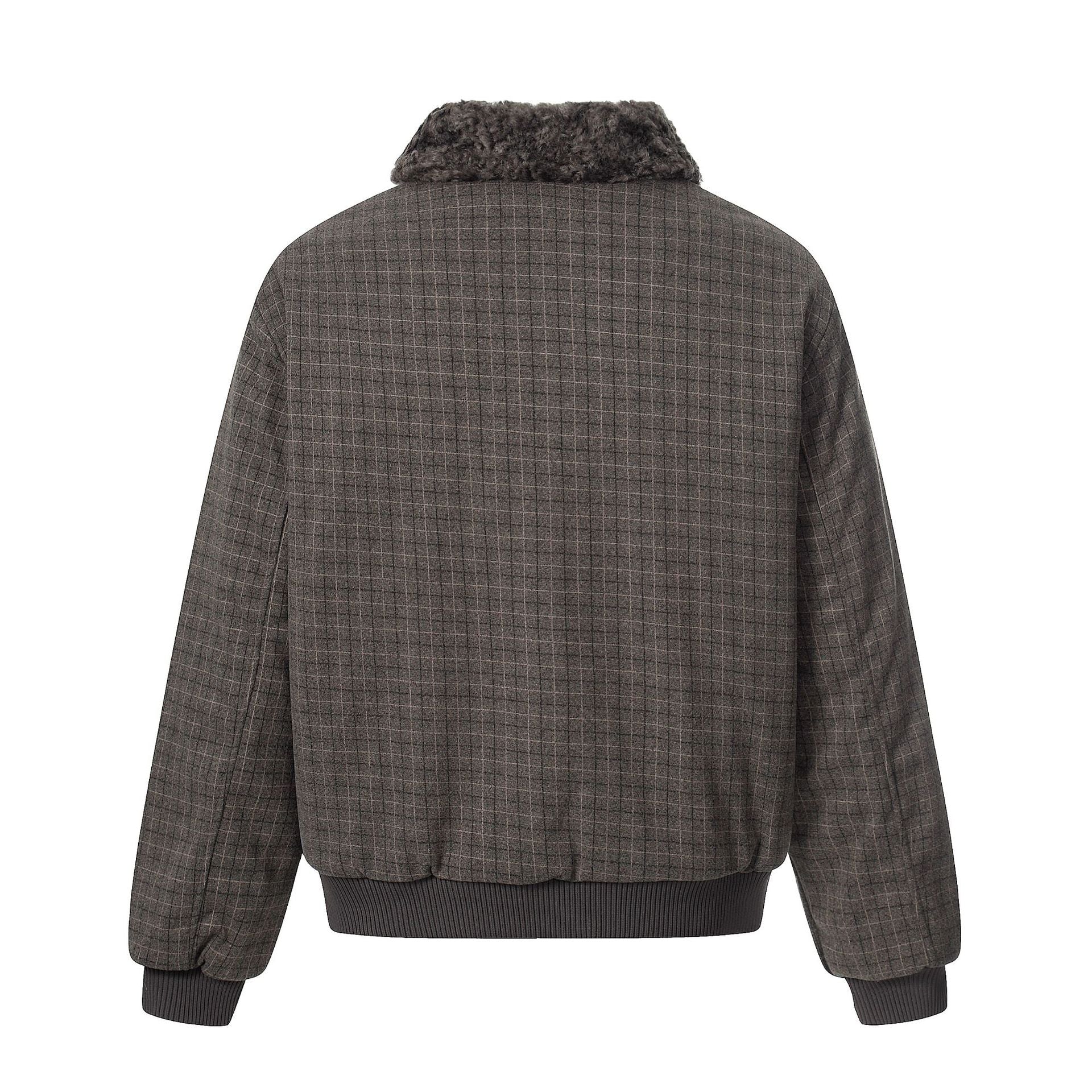 Men's Short Boxy Blouson in Wool Blend with Teddy Collar and Check Quilting Chichicherry