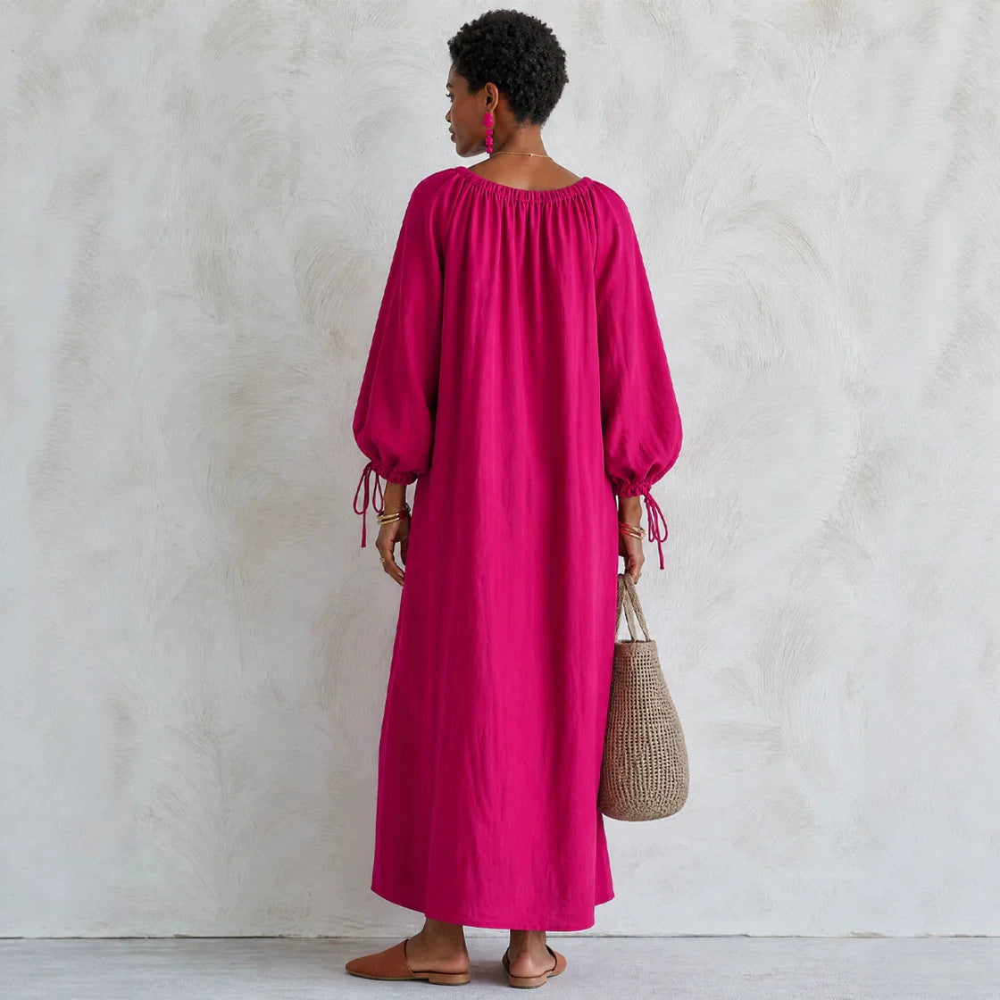 Women's maxi dress in kaftan style with gathered round neckline, balloon sleeves and side pockets Chichicherry