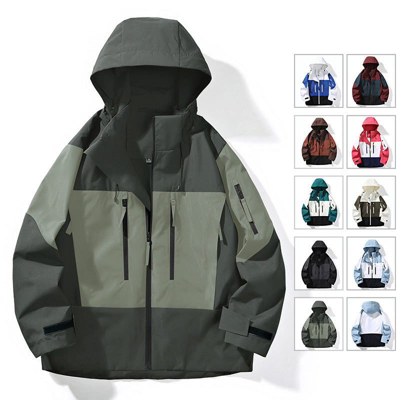 Men's Water-Repellent Colorblock Outdoor Jacket with Hood, Multiple Zipper Pockets and Adjustable Cuffs Chichicherry