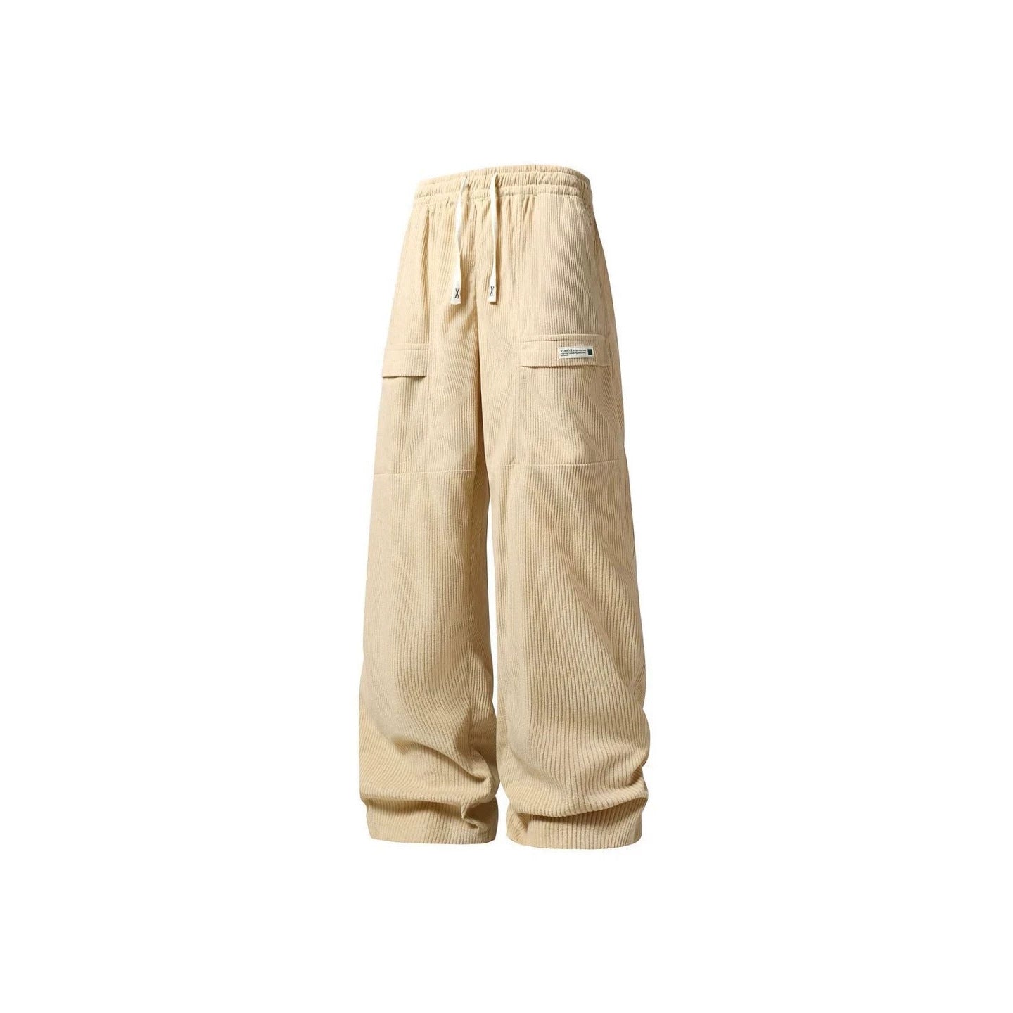 Men's Wide Cord Cargo Pants with Drawstring Waist, Flap Pockets & Ribbed Texture Chichicherry