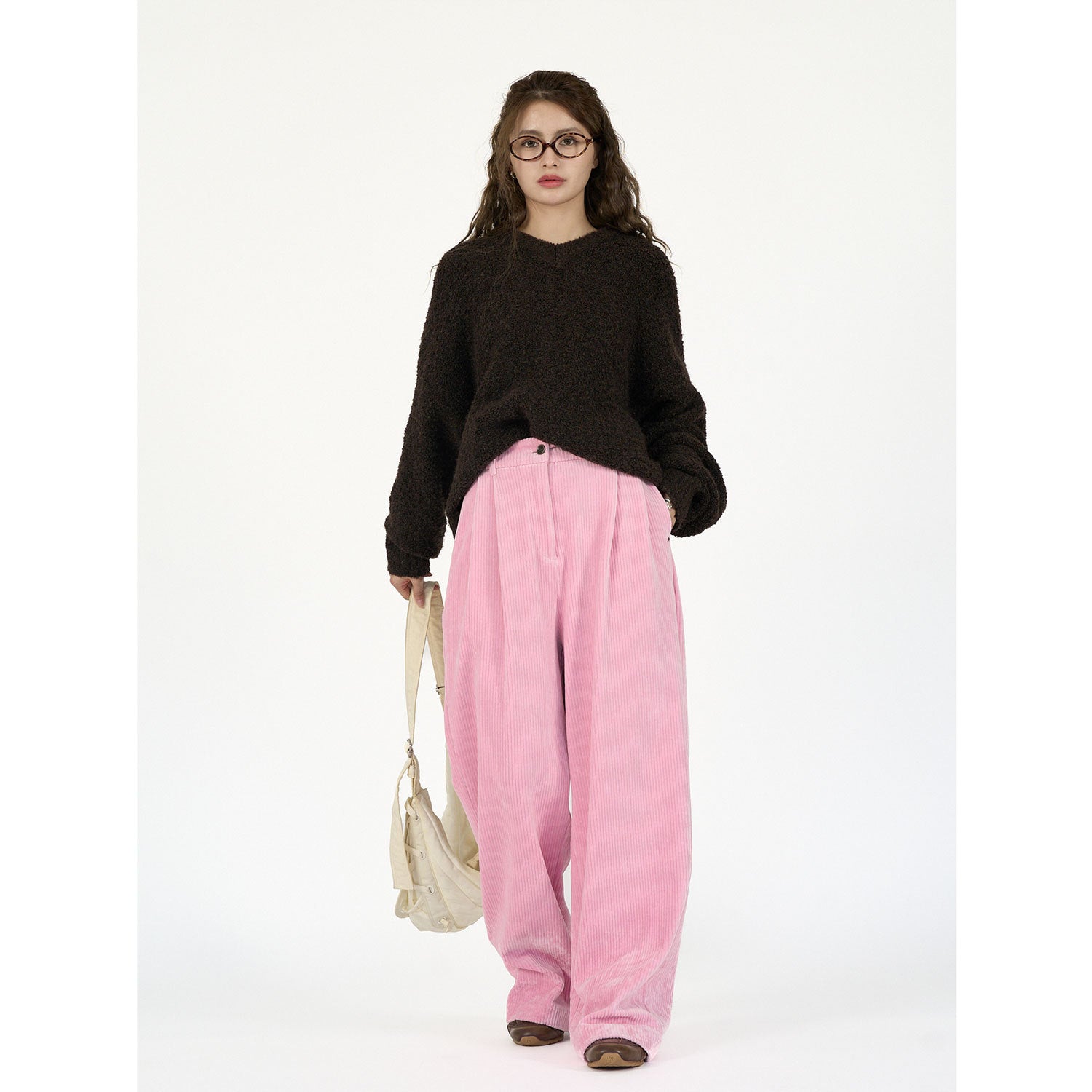 Women's Wide Cord Pants with High Waist, Pleats and Palazzo Cut Chichicherry