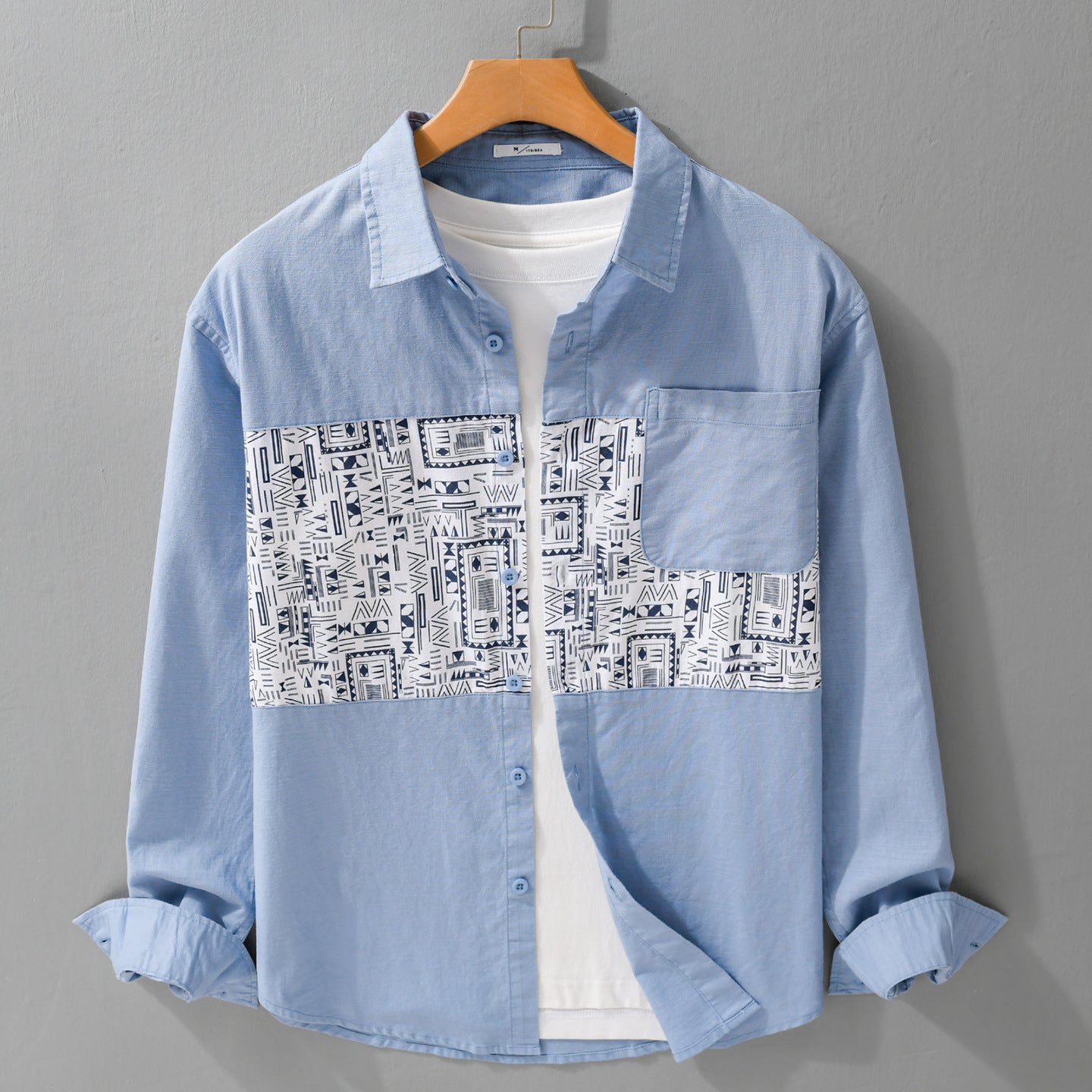 Men's Long Sleeve Shirt with Graphic Chest Panel and Patch Chest Pocket Chichicherry