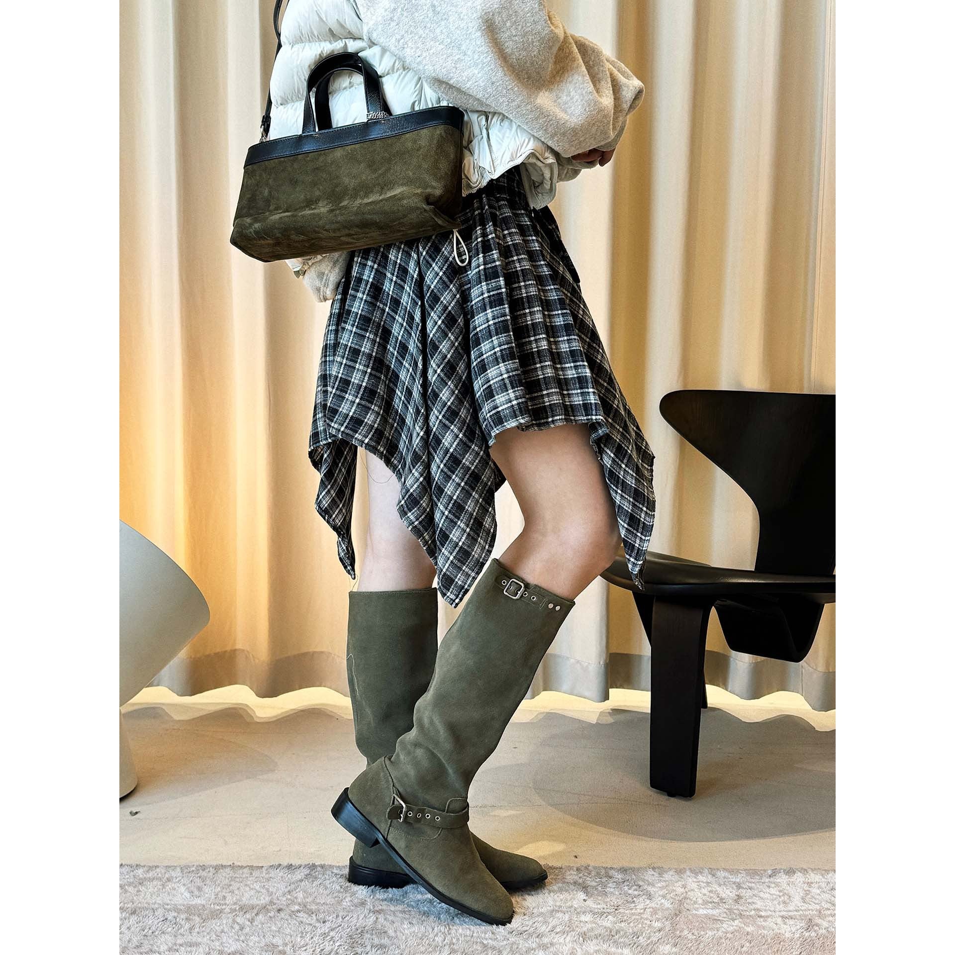 Women's Slouch Knee Boots made of Suede with Adjustable Buckle Strap Chichicherry