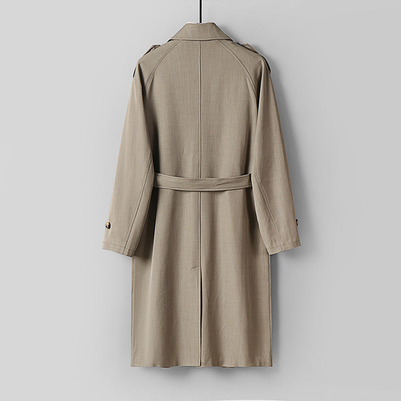 Men's long-cut trench coat with a fitted belt and decorative shoulder straps Chichicherry
