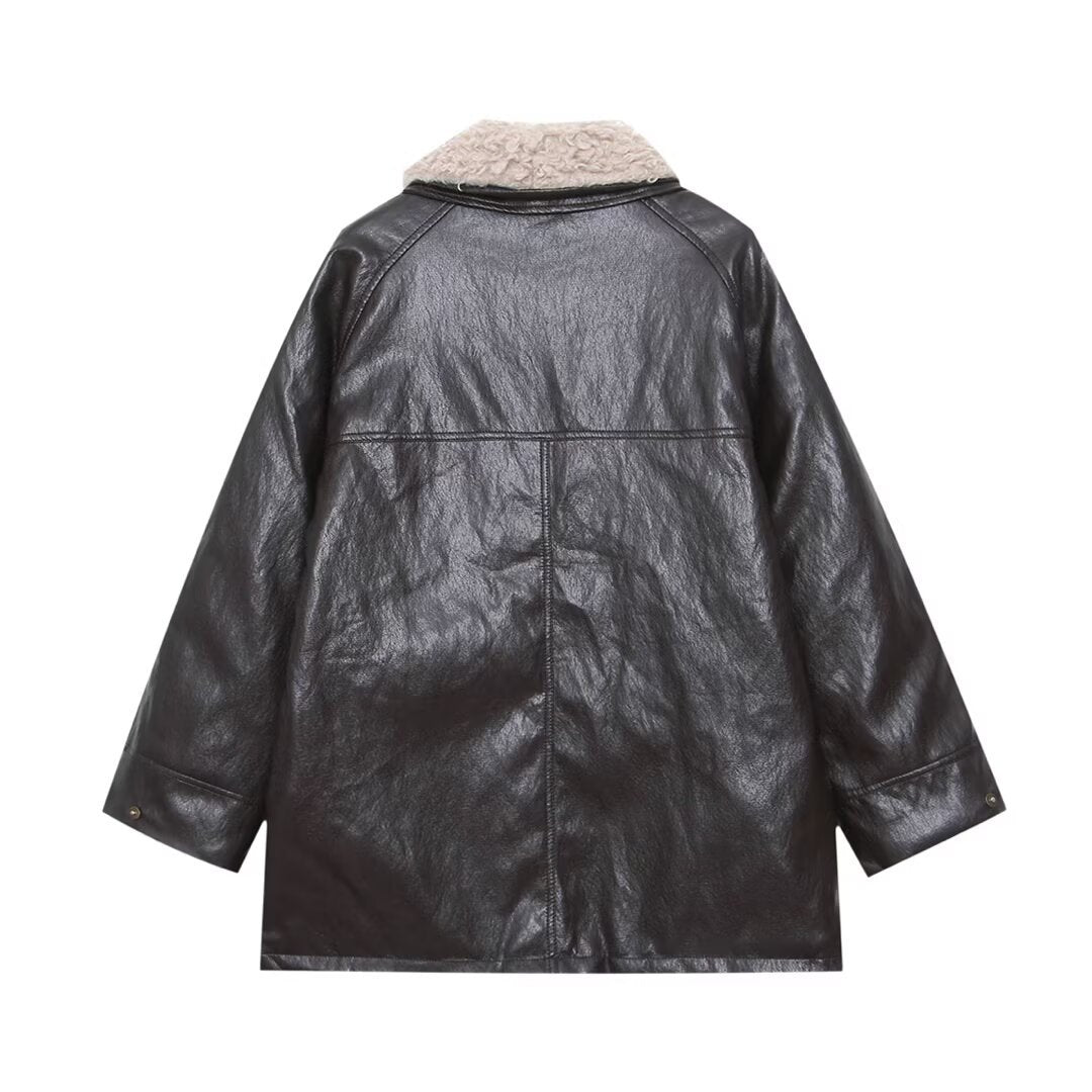 Women's Oversized Faux Leather Field Jacket with Detachable Teddy Collar and Flap Pockets Chichicherry