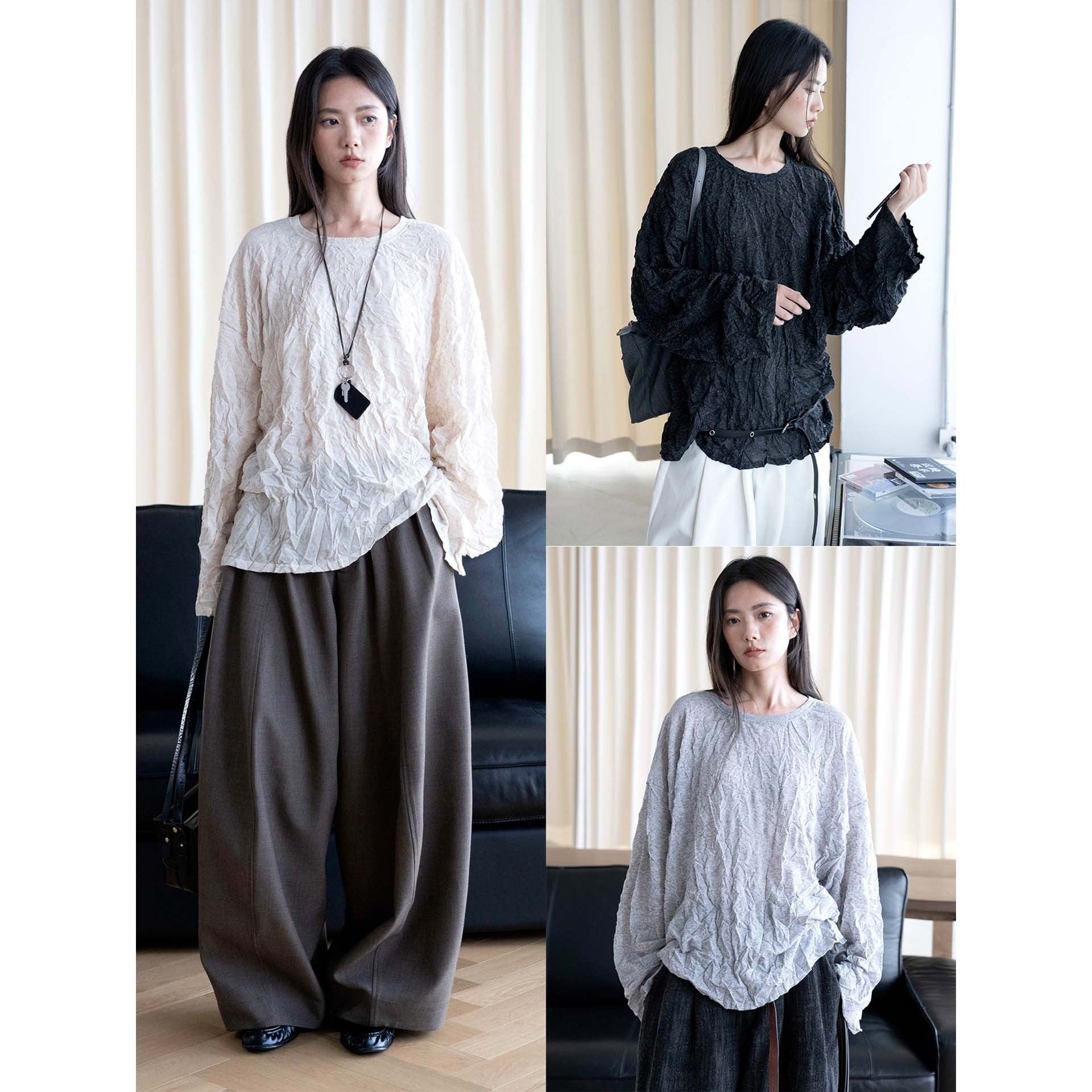 Women's Crinkled Oversize Blouse made of Linen Blend with Textured Pleated Look Chichicherry
