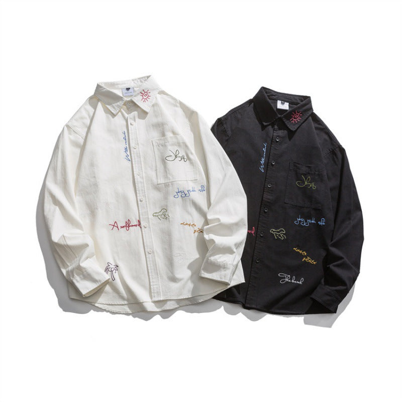 Men's Loose Button-Down Shirt with Multicolored Embroidery and Chest Pocket Chichicherry