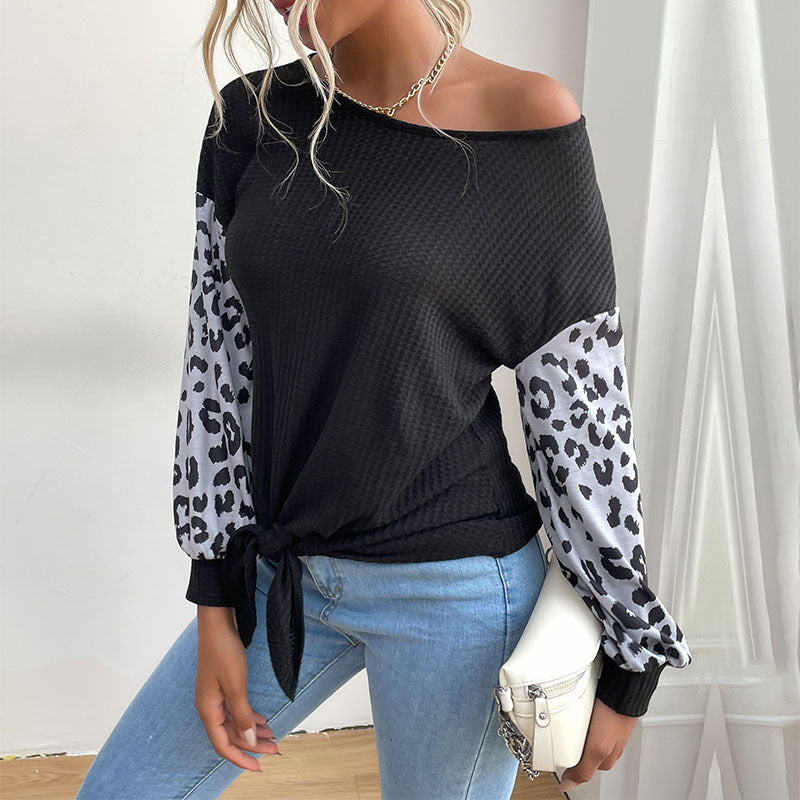 Women's Long Sleeve Waffle Shirt with Knot Front and Contrast Leopard Sleeves Chichicherry