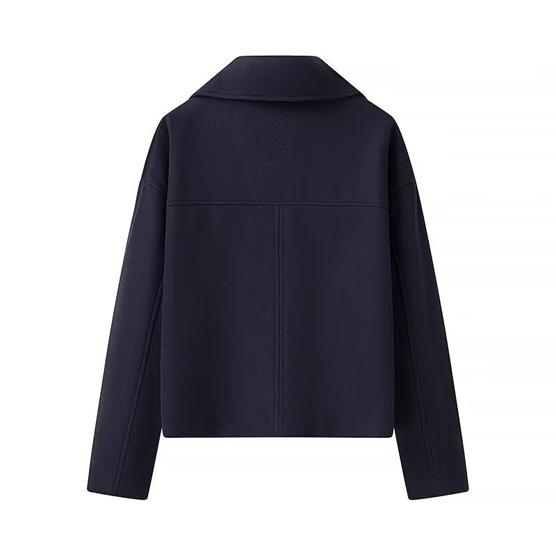 Women's Short Double-Breasted Boxy Peacoat made of Wool Blend with Wide Lapels Chichicherry