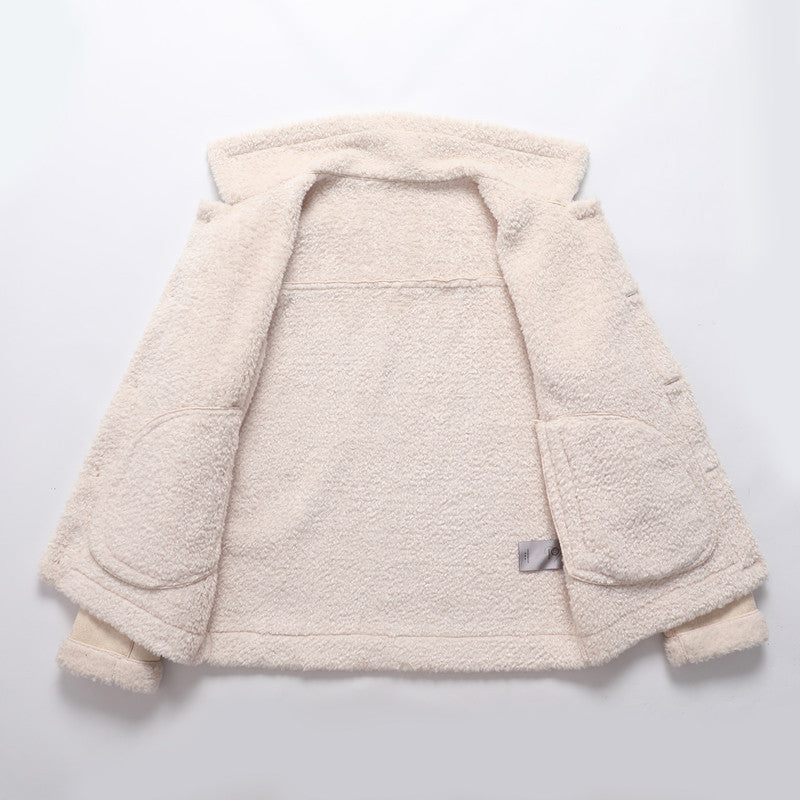 Men's sheepskin-inspired teddy fleece jacket with button placket and zippered pockets Chichicherry
