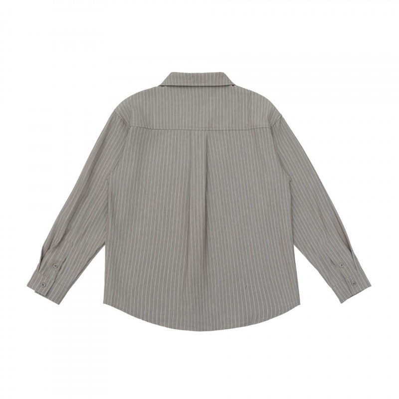 Unisex Boxy Shirt Jacket with Lapel Collar, Chest Pocket and Fine Pinstripe Chichicherry