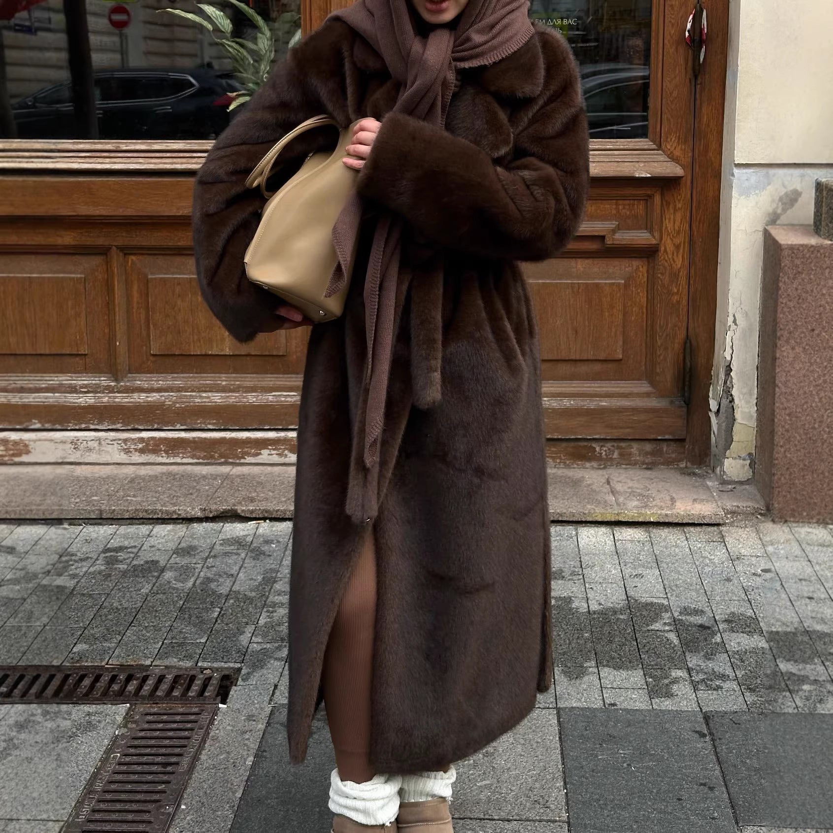 Women's elegant long pile faux fur coat with hood and tailored silhouette Chichicherry