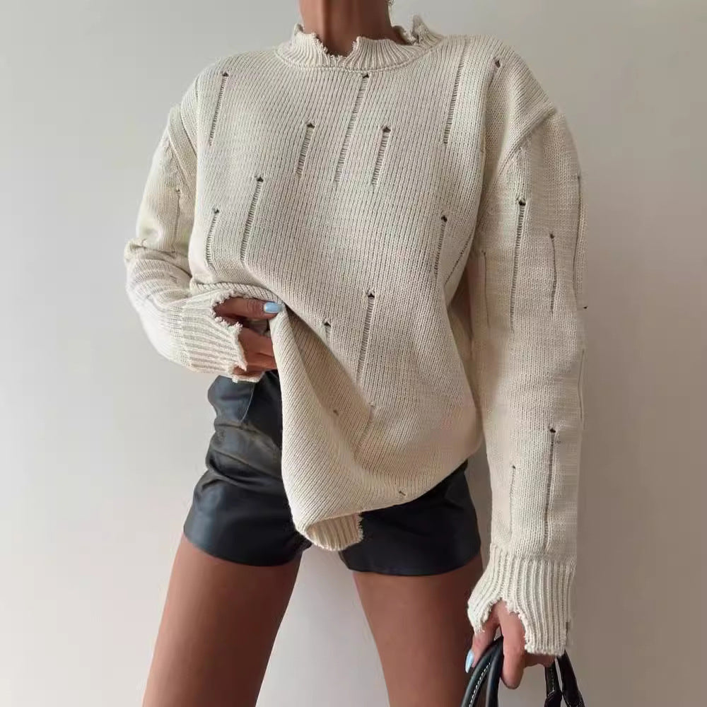Damen Oversized Grobstrickpullover mit Distressed-Details und geripptem Saum Chichicherry