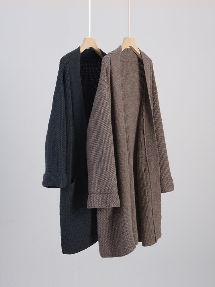Women's Long Oversize Knit Cardigan with Textured Pattern and Patch Pockets Chichicherry