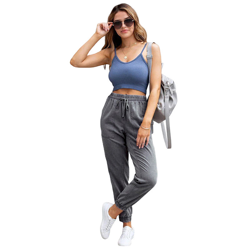 Women's denim jogger pants with cargo pockets and elastic drawstring waistband Chichicherry
