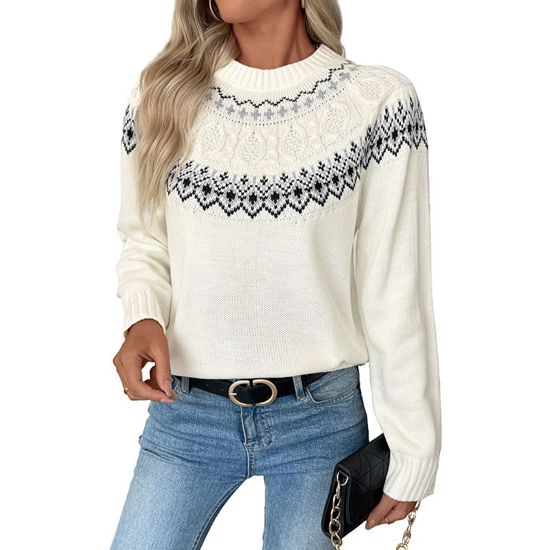 Women's Fine Norwegian Knit Sweater with Lace Yoke and Ribbed Cuff Chichicherry