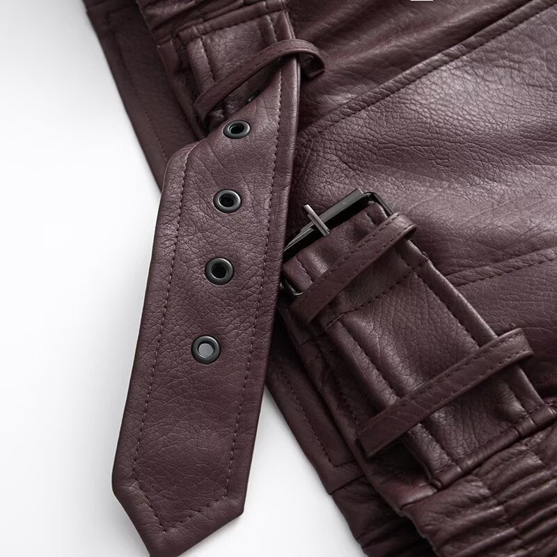 Ladies Oversize Faux Leather Biker Jacket with Asymmetrical Zipper, Belt and Elastic Waist Chichicherry