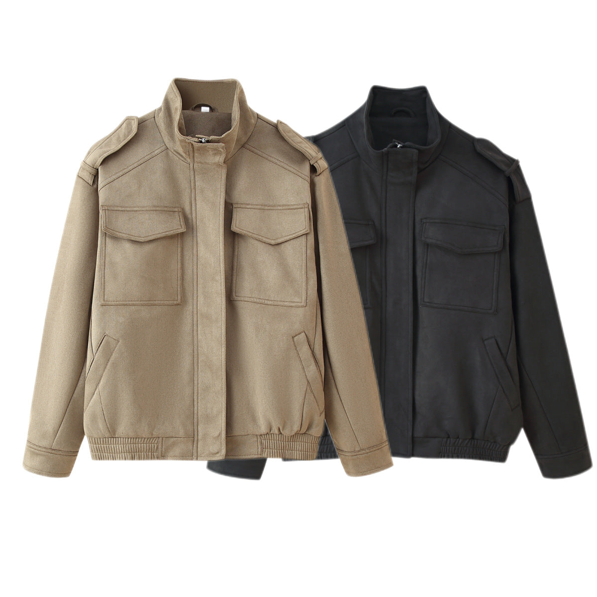 Ladies Utility Bomber Jacket with Epaulettes, Stand-Up Collar and Patch Pockets Chichicherry