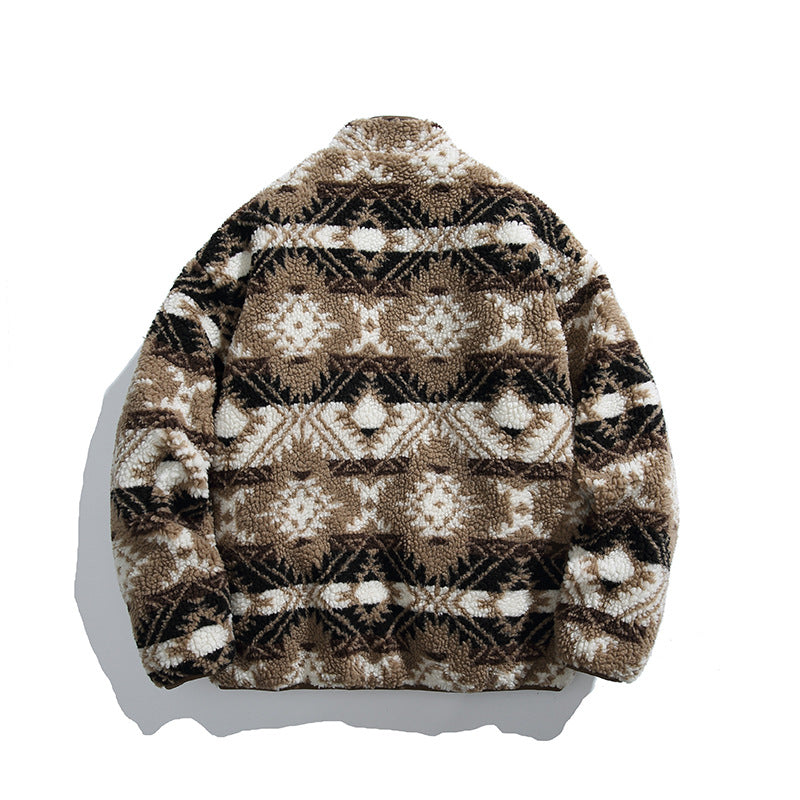 Unisex teddy fleece jacket in tribal pattern with stand-up collar and continuous zipper Chichicherry