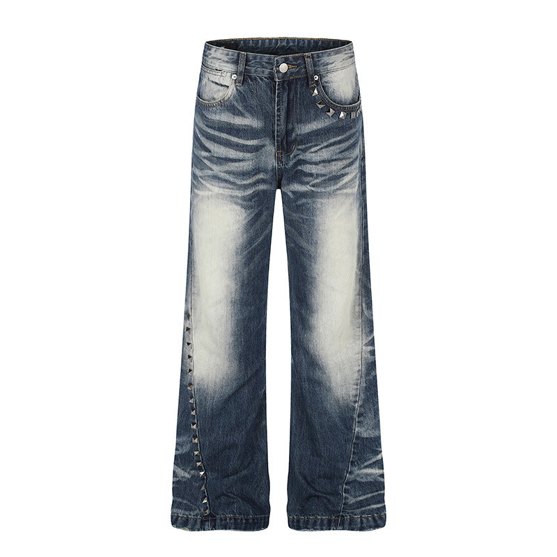 Women High-Waisted Wide Flare Jeans with Used Wash and Studded Trim Chichicherry
