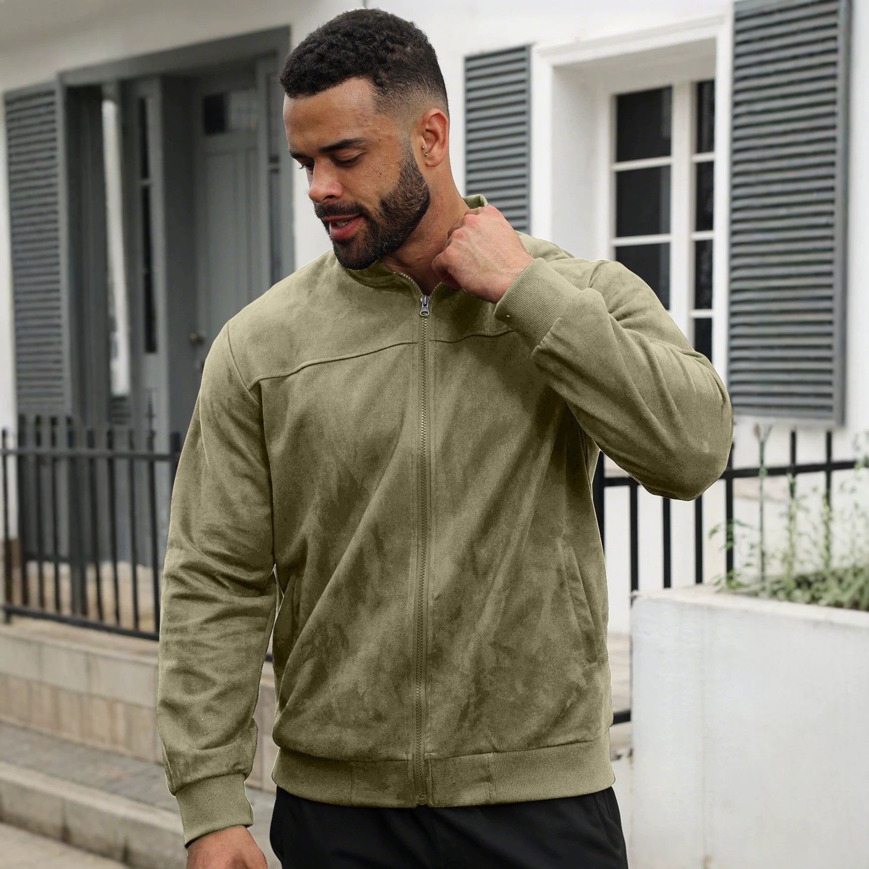 Men's Lightweight Bomber Jacket in Velour Look with Zipper and Ribbed Cuffs Chichicherry