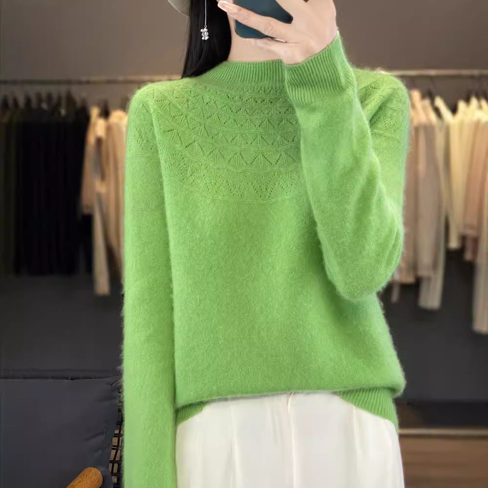 Women's Cozy Mohair-Effect Sweater with Decorative Texture at the Top and Stand-Up Collar Chichicherry