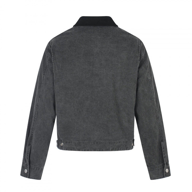 Men's Short-Cut Canvas Bomber Jacket with Cord Collar and Large Photo Collage Print Chichicherry
