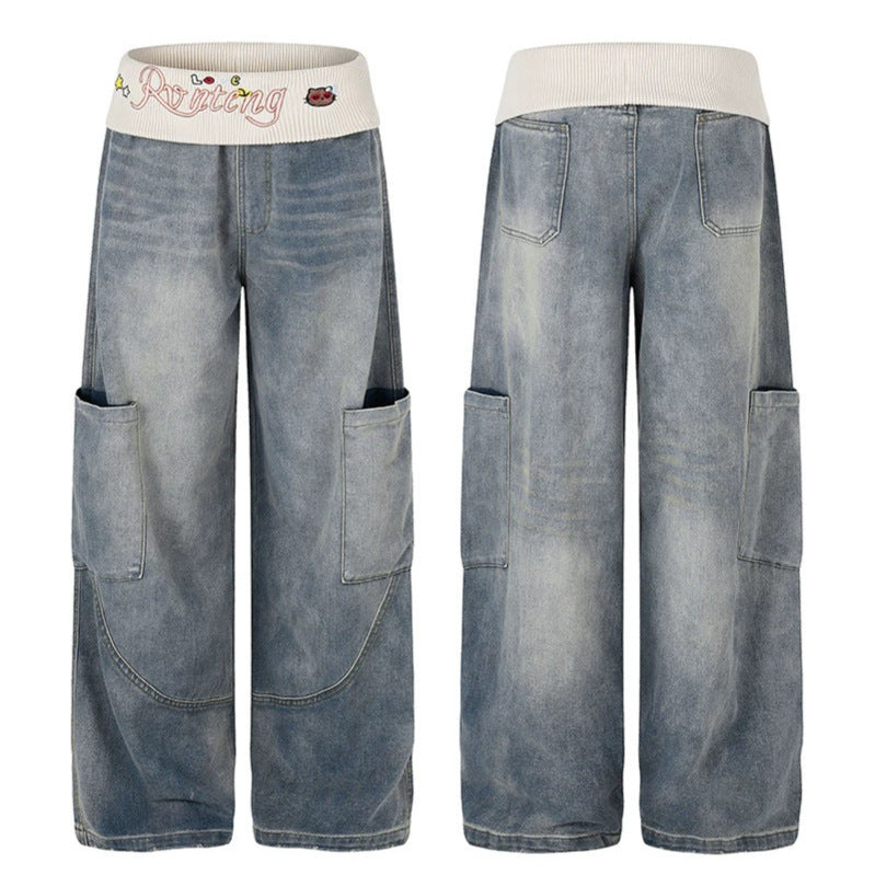 Women's Wide Denim Palazzo Cargo Pants with Comfort Ribbed Waistband and Patch Pockets Chichicherry