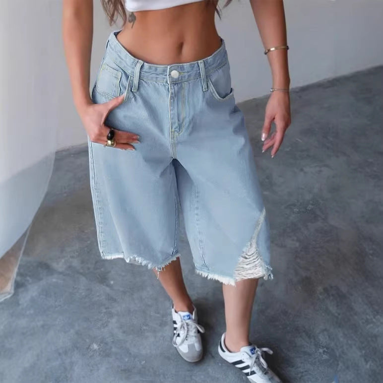 Women's Wide Denim Culotte with High Waist, Distressed Details and Raw Hem Chichicherry