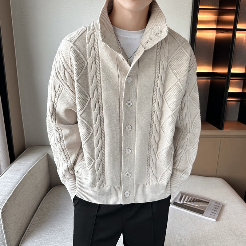 Men's cable knit cardigan with high collar, chunky knit look, and continuous button placket Chichicherry