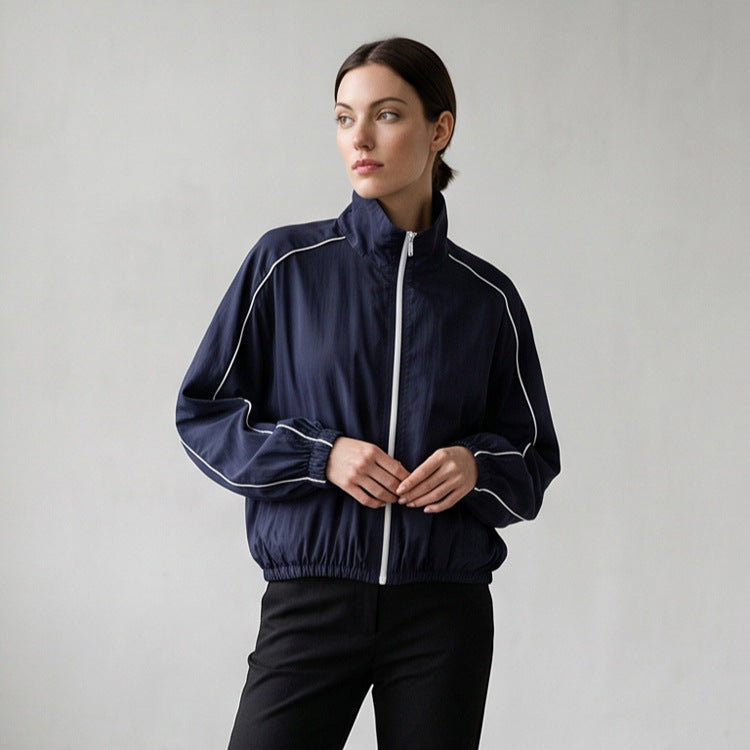 Women's Lightweight Sports Track Jacket with Stand-up Collar, Contrast Piping and Elastic Waistband Chichicherry