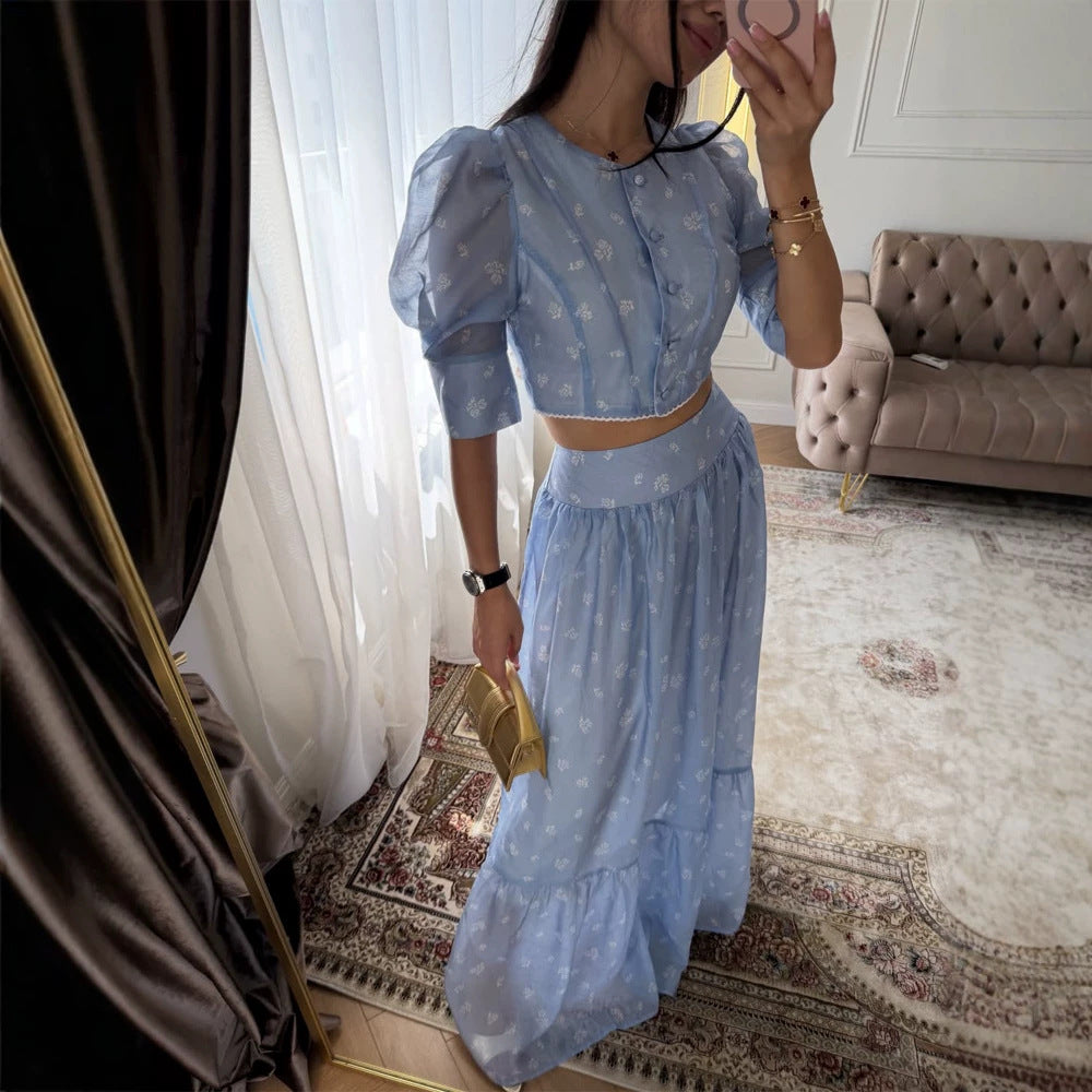 Women's Two-Piece Chiffon Set with Cropped Puff Blouse and Tiered Maxi Skirt Chichicherry
