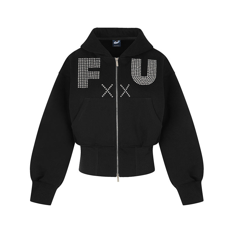 Ladies Short Hooded Sweat Jacket with Full Zip, Wide Ribbed Hem and Rhinestone Logo Chichicherry