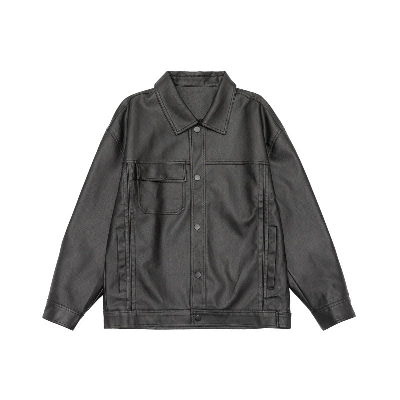 Men's loosely cut overshirt in vintage leather look with snap button front and breast flap Chichicherry