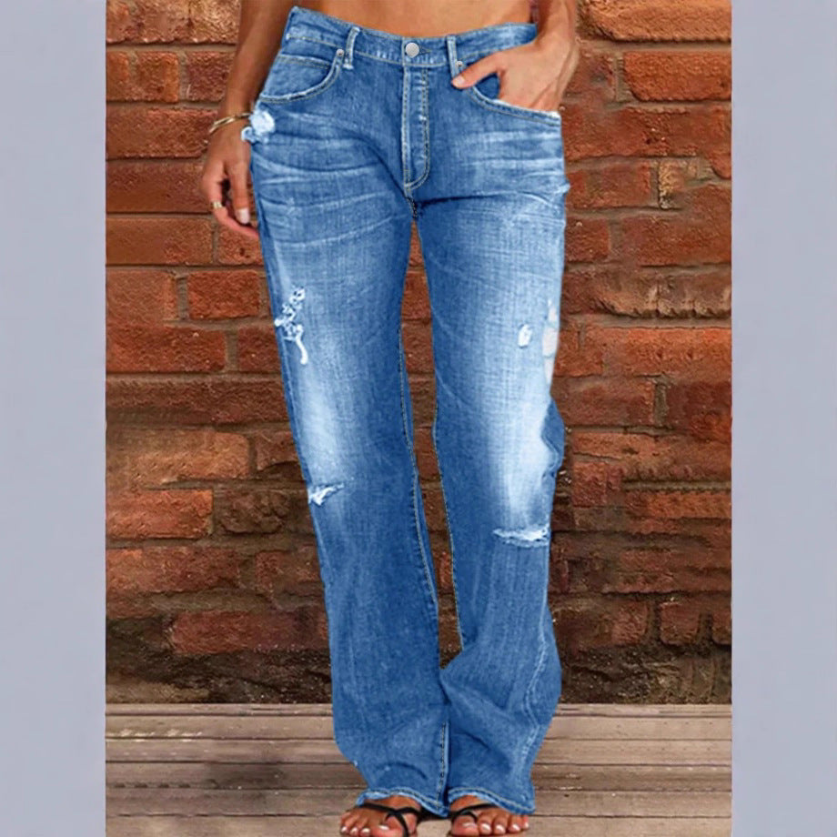 Women's casual loose denim pants in baggy style with distressed rips Chichicherry