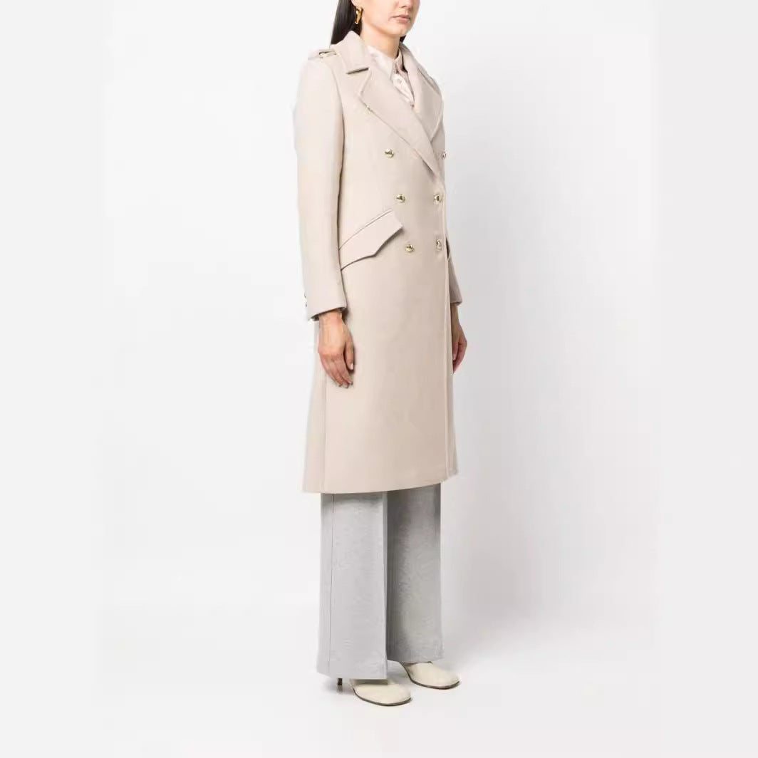 Women Mid-length double-breasted tailoring coat with fitted seam and decorative straps Chichicherry