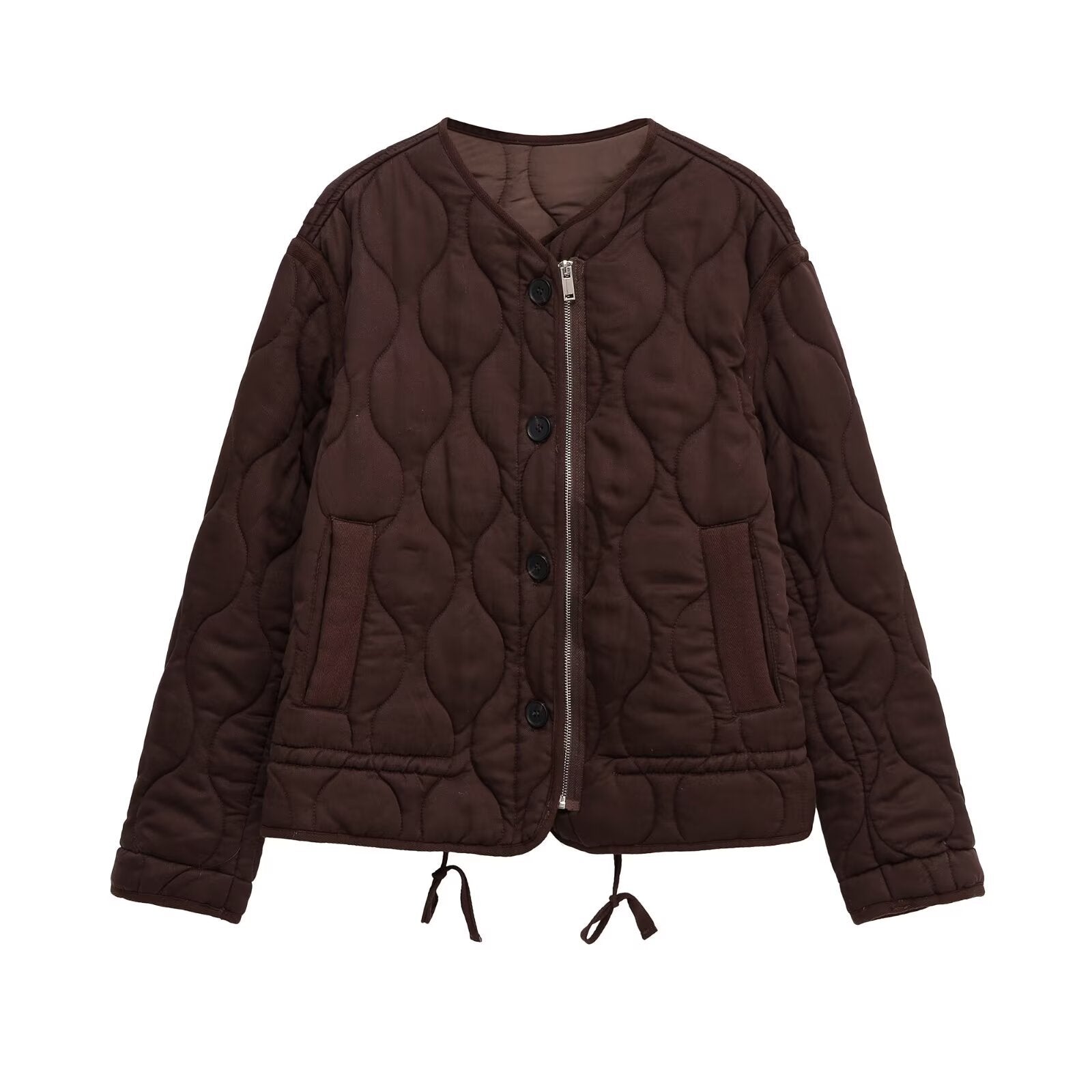 Women quilted transition jacket with zipper and button placket, round neck and drawstring Chichicherry
