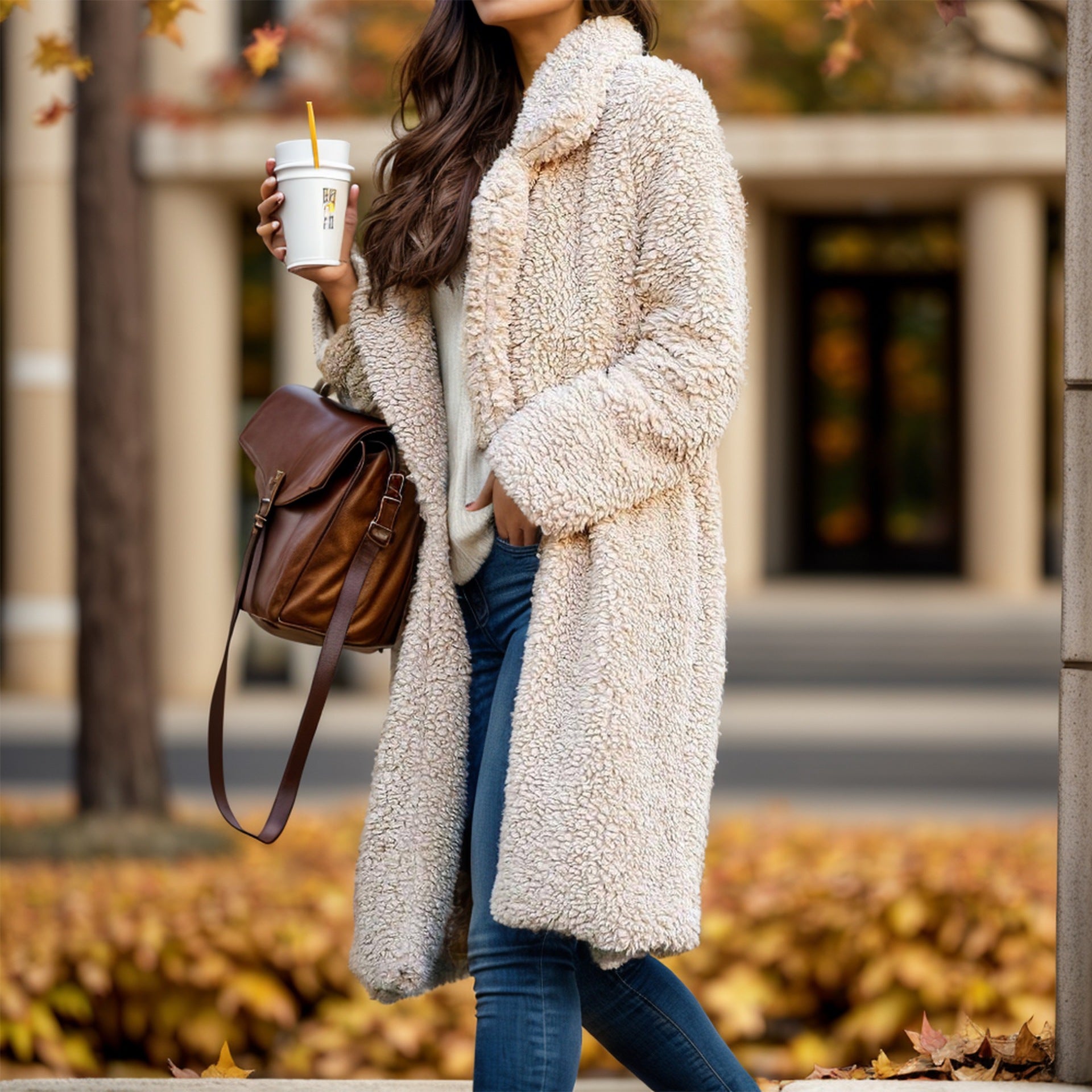 Women's Long Teddy Coat made of Faux Fur with Oversize Cut and Shawl Collar Chichicherry