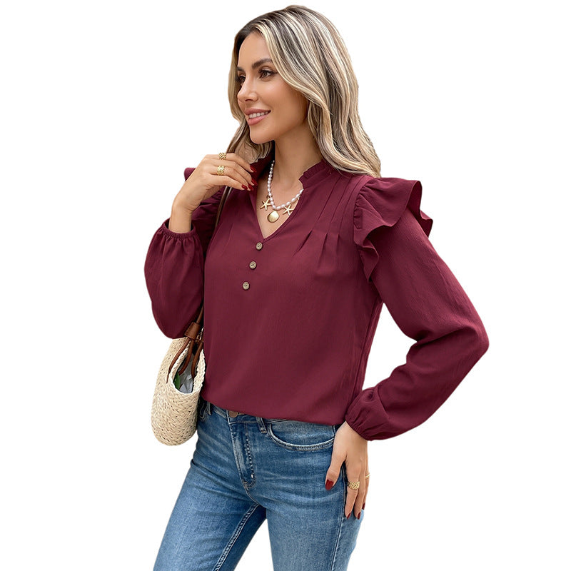 Women's Romantic Ruffled Blouse with Stand Collar, V-Neck and Balloon Sleeves Chichicherry
