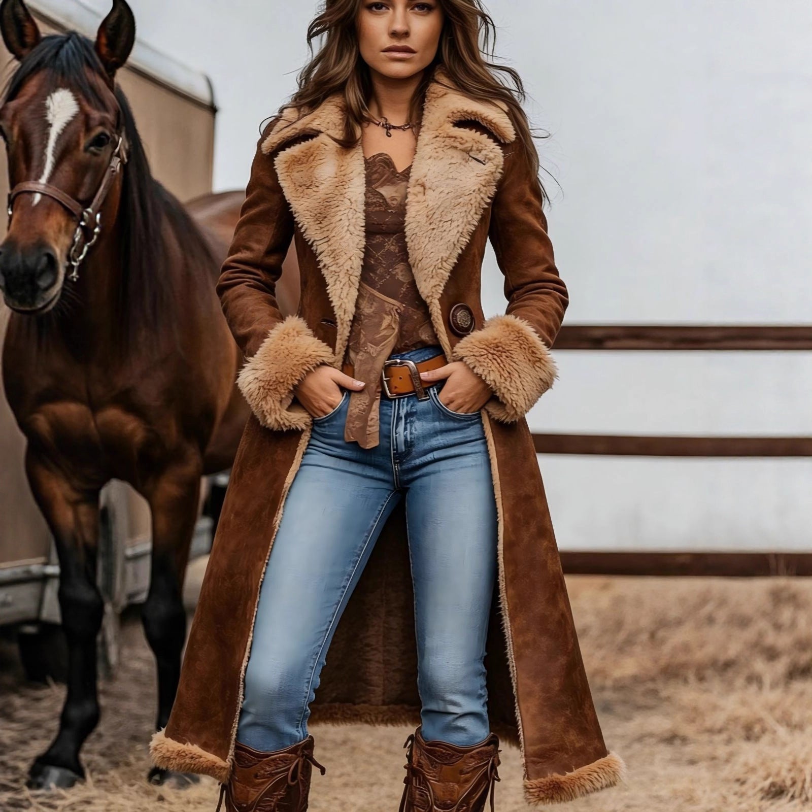 Women's Long Suede-Look Coat with Lambskin Imitation Lining and Decorative Double Button Placket Chichicherry