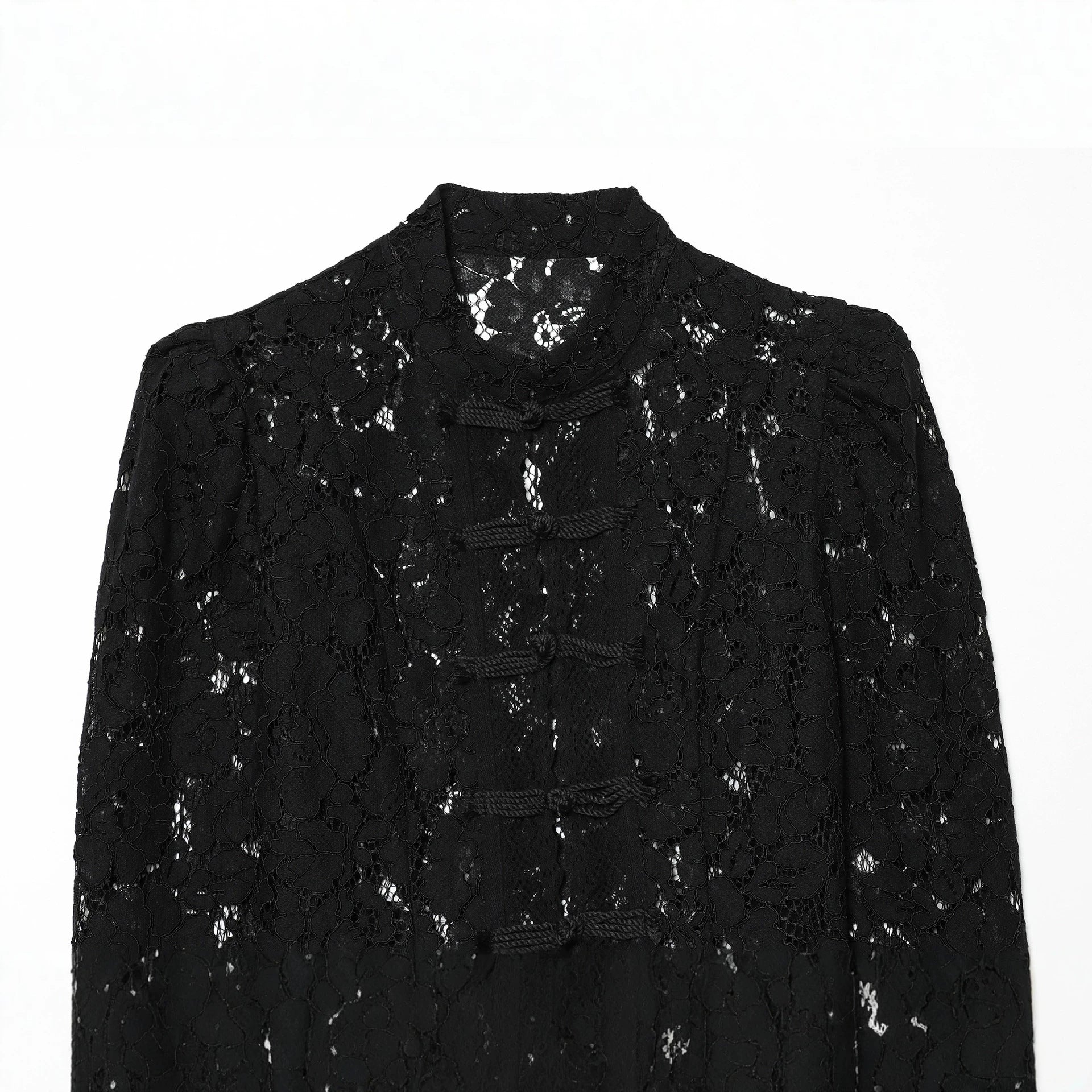 Women's transparent lace jacket in Chinese style with stand-up collar and knot closures Chichicherry