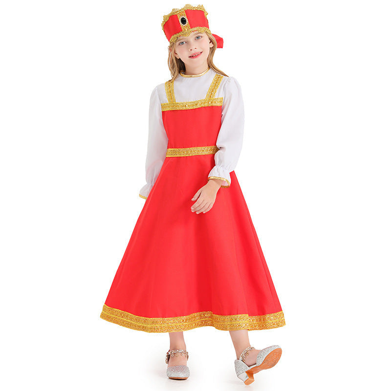 Girl Fairy Tale Costume with Elegant Ruffles and Golden Accents Chichicherry