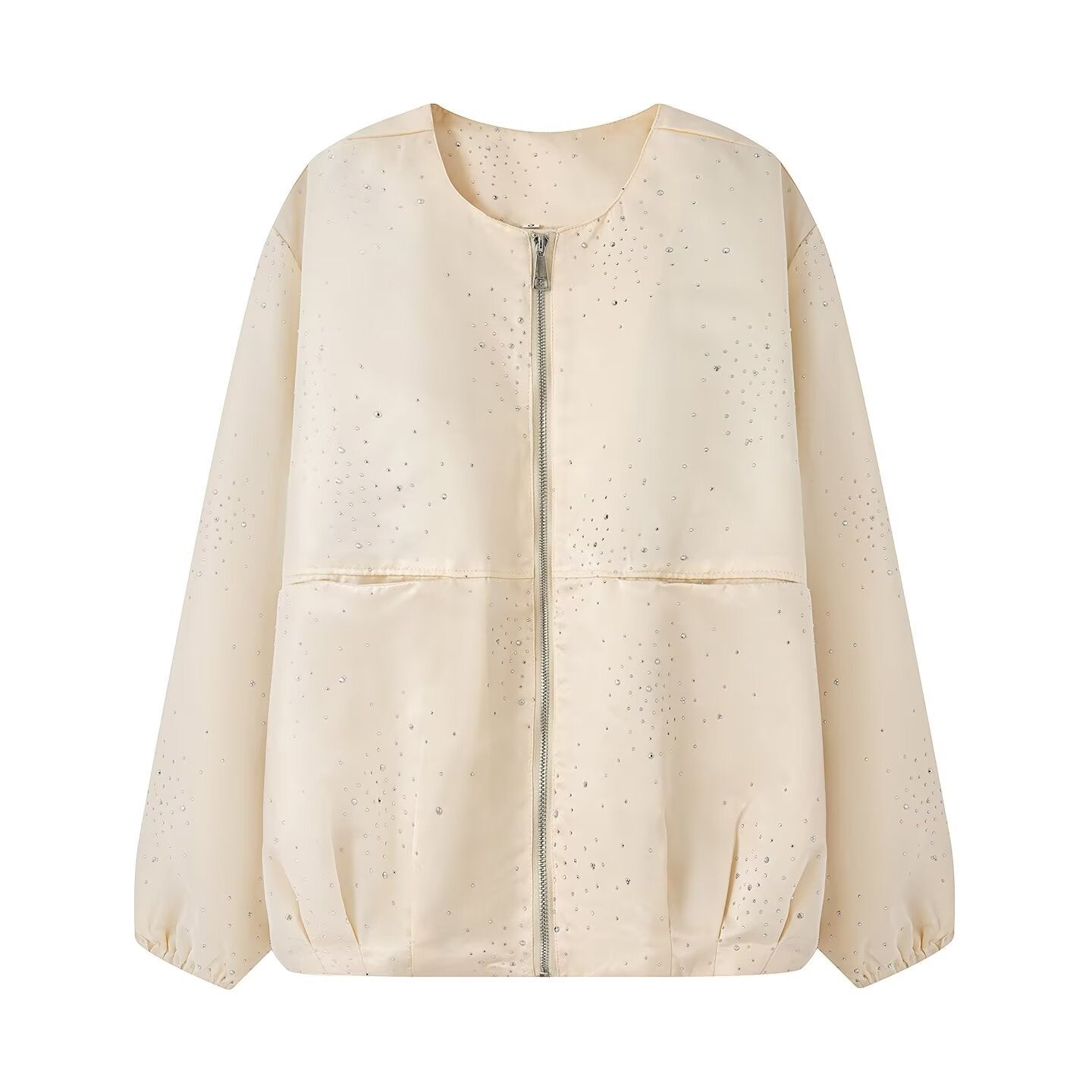 Women's Shiny Bomber Jacket with Decorative Stone Trim and Elastic Hem Chichicherry