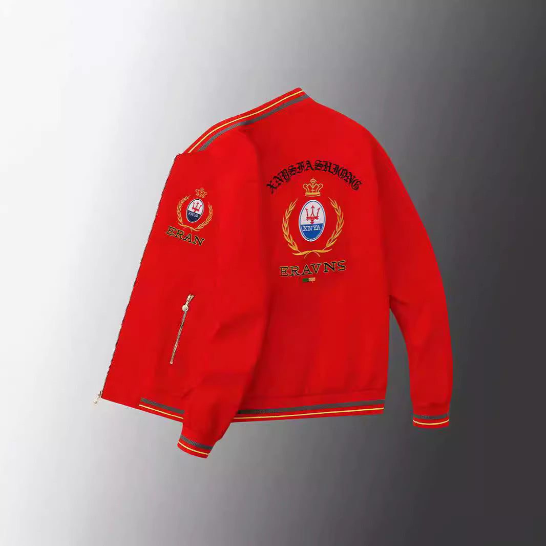 Men's stick detail bomber jacket in retro crest style with emblem embroidery and zipper arm pocket Chichicherry