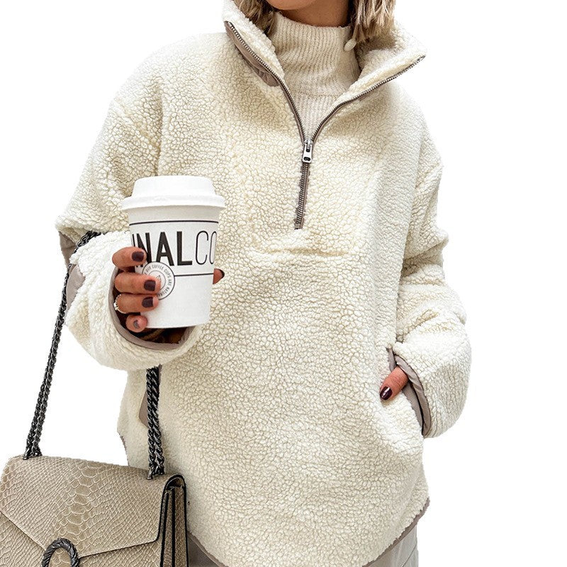 Women's Oversized Sherpa-Fleece Pullover with Half Zipper and Kangaroo Pocket Chichicherry