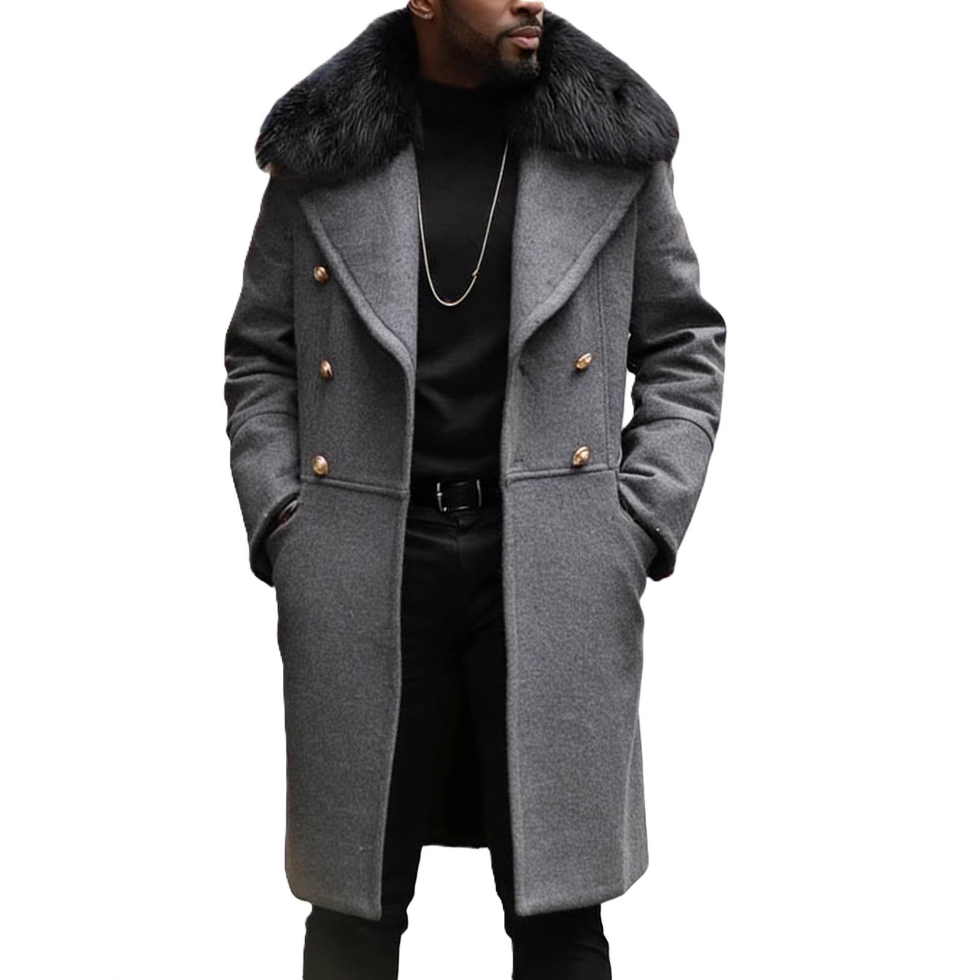 Men's Long Double-Breasted Coat with Voluminous Teddy Collar and Elegant Metal Buttons Chichicherry