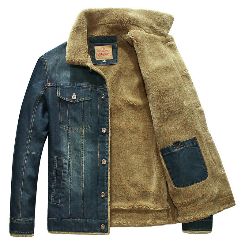Men's denim jacket with Sherpa lining, vintage washed and warming stand-up collar Chichicherry