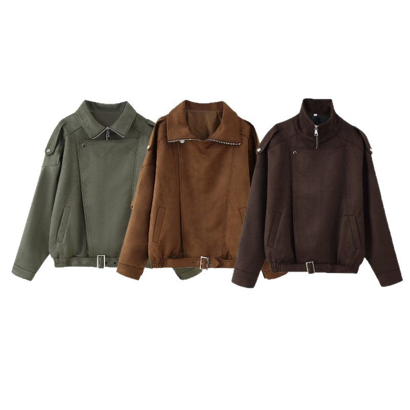 Women's short jacket in biker blouson style with belt and asymmetrical flap Chichicherry