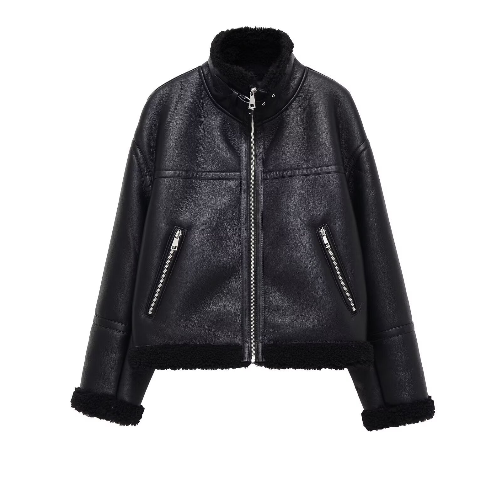 Women's Oversize Pilot Jacket made of Faux Leather with Teddy Lining and Stand Collar Chichicherry