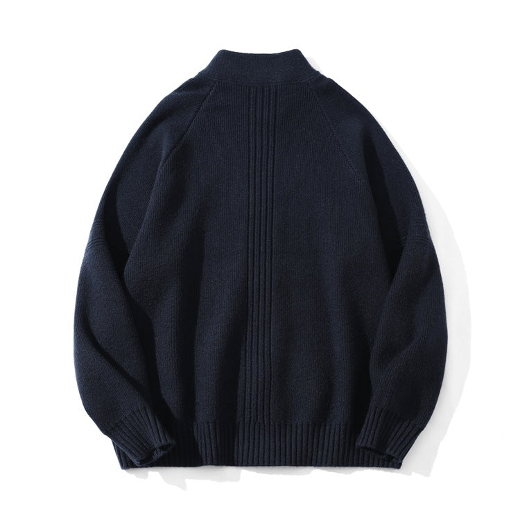Unisex Coarse Knit Zip Cardigan with Stand-up Collar and Two-way Zipper Chichicherry